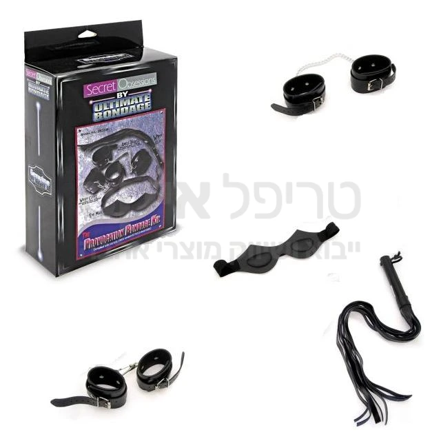 ULTIMATE SADO KIT ערכה ובה מבחר עזרים לסאדו מאזו, קשירות ומשמעת. ערכה מושלמת. עשוייה עור איכותי. הערכה כוללת שוט פרנזים מרובד כולל ניטים, אזיקי עור לידיים, חבקי עור לאזיקת רגליים, כיסוי עיניים שחור מעור. את האזיקים והחבקים, ניתן להצמיד אחד לשני או לארבעת הצדדים של המיטה (או כל ארבע פינות אחרות).ערכה גרמנית משובחת בעבודת יד. ערכה המתאימה למלכה ועבד או למלך ושפחה.